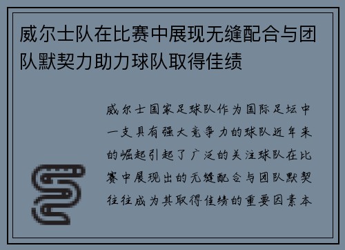 威尔士队在比赛中展现无缝配合与团队默契力助力球队取得佳绩