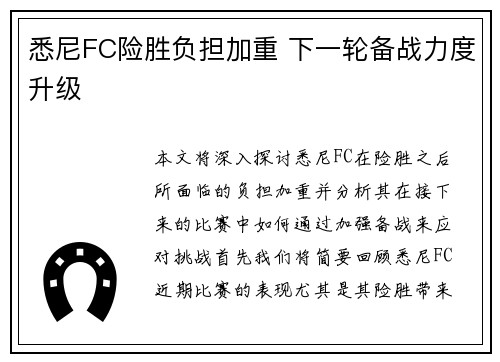 悉尼FC险胜负担加重 下一轮备战力度升级