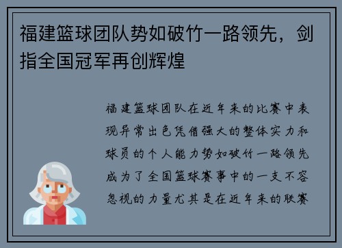 福建篮球团队势如破竹一路领先，剑指全国冠军再创辉煌