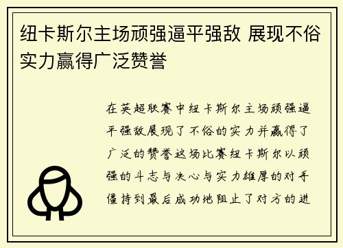 纽卡斯尔主场顽强逼平强敌 展现不俗实力赢得广泛赞誉